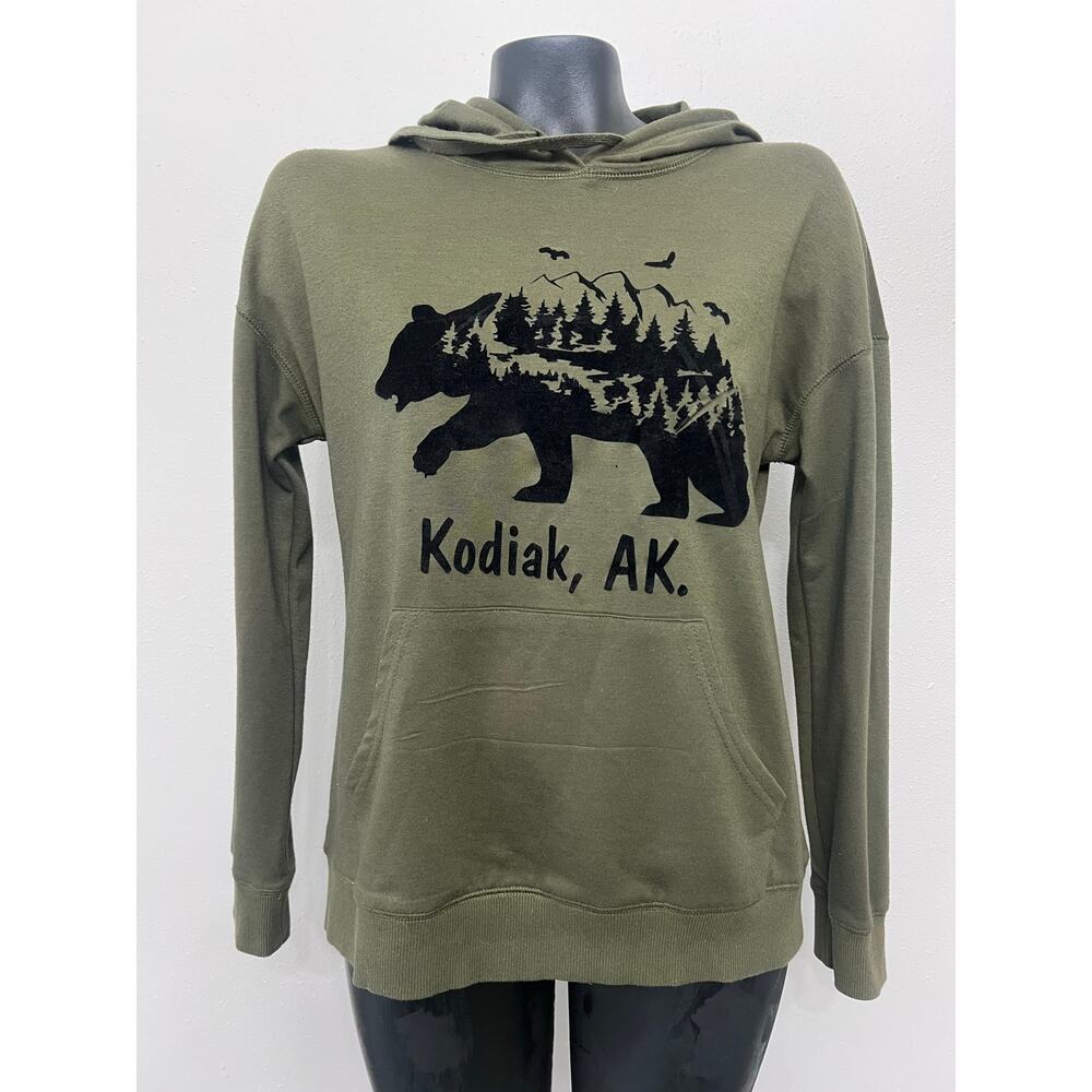 Kodiak AK Bear Hoodie Sz S OliveGreen Black Velvet Design Nature Outdoors Animal